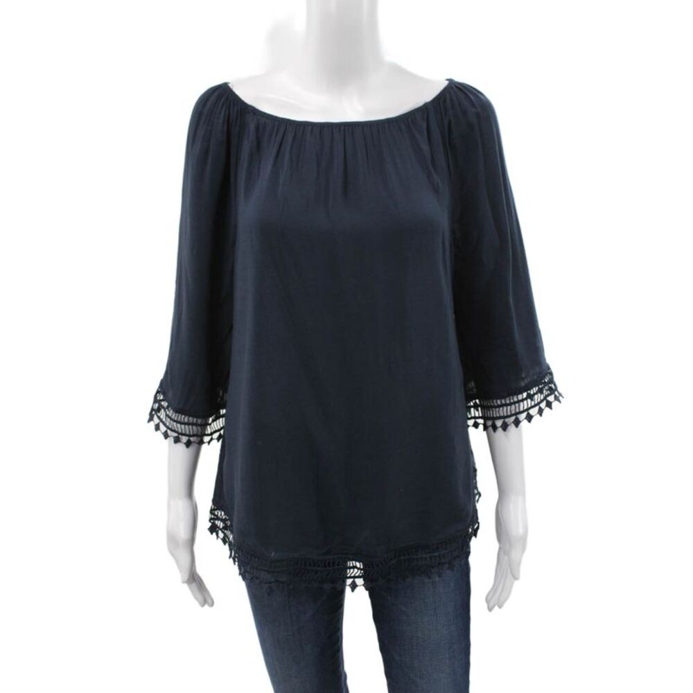 Tart Womens Boho Tunic Off Shoulder 3/4 Sleeve Rayon Blue Size XS